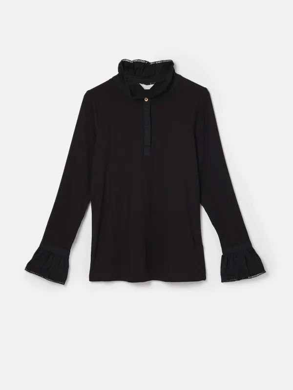 Black Long Sleeve Frilled Neck Top