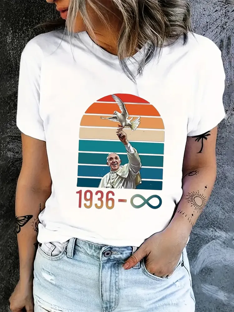 Women's 1936-2025 Print Short Sleeve Round Neck Cotton T-Shirt