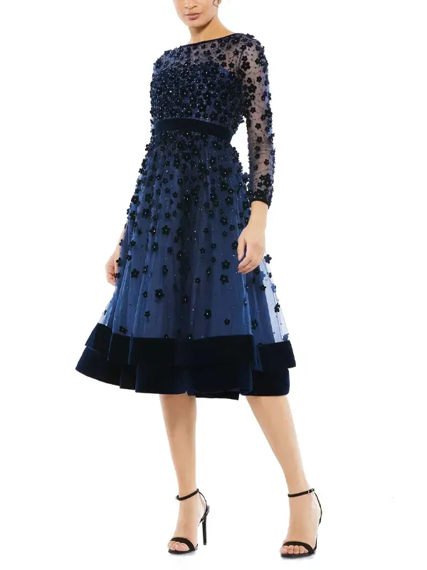 Embellished Sheer Long Sleeve A-Line Midi Dress