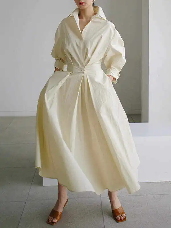 Original Solid Color Lapel Long Sleeves Midi Dress