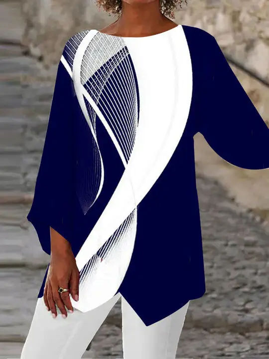 Women Asymmetrical 3/4 Sleeve Scoop Neck Striped Stitching Tops