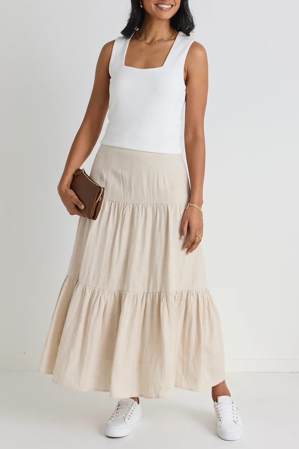 Tiered Linen Midi Skirt