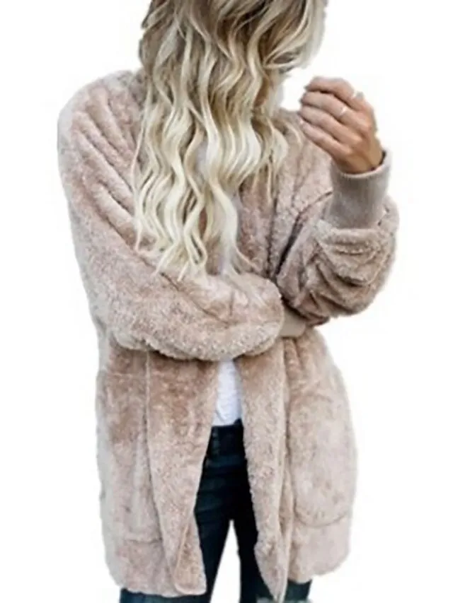 Women's Fleece Jacket Sherpa Jacket Teddy Coat Coat Outdoor Street Daily Fall Winter Long Coat Regular Fit Warm Breathable Casual Jacket Long Sleeve Solid Color Pocket with Pockets Black White Pink