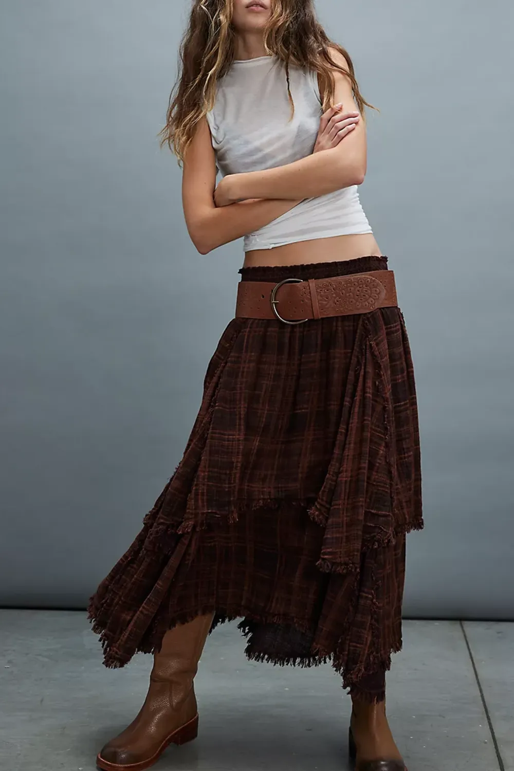 Plaid Patchwork Asymmetric Midi Skirt
