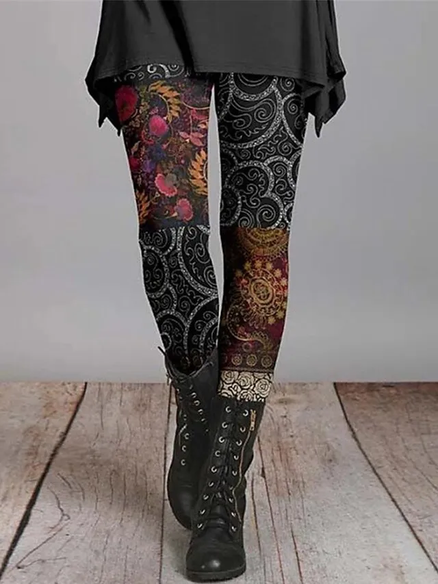 Women's Floral Pattern Leggings Full Length Print Micro-elastic High Waist Vintage Ethnic Style Halloween Daily Wear S 5XL Fall & Winter