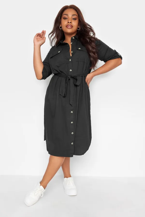 YOURS Curve Black Utility Short Sleeve Shirt Dress