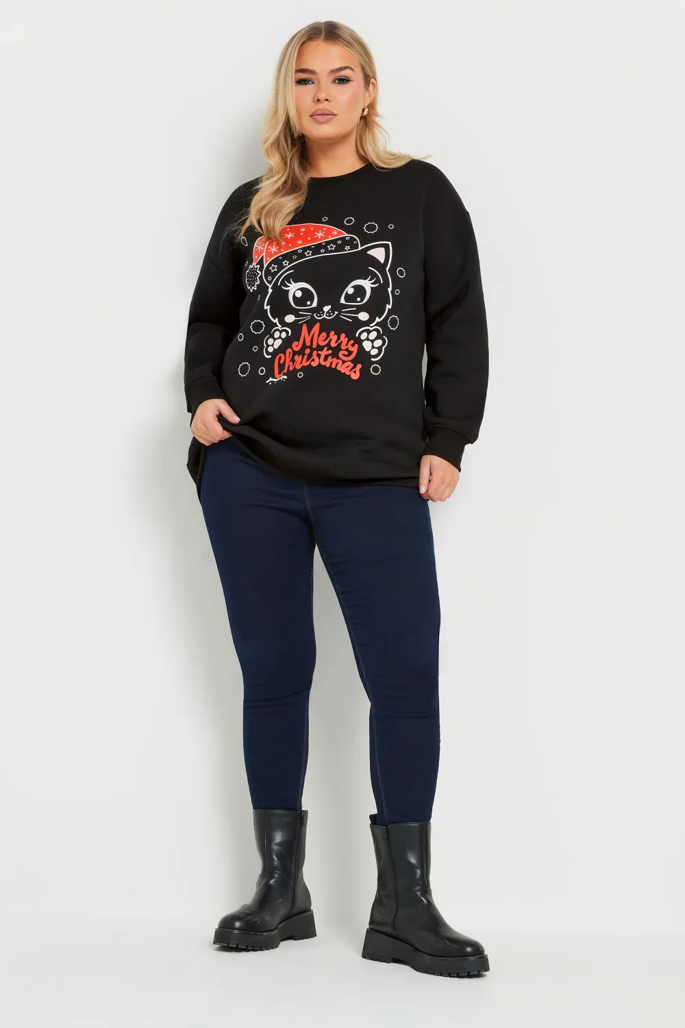 YOURS Curve Black 'Merry Christmas' Cat Graphic Sweatshirt