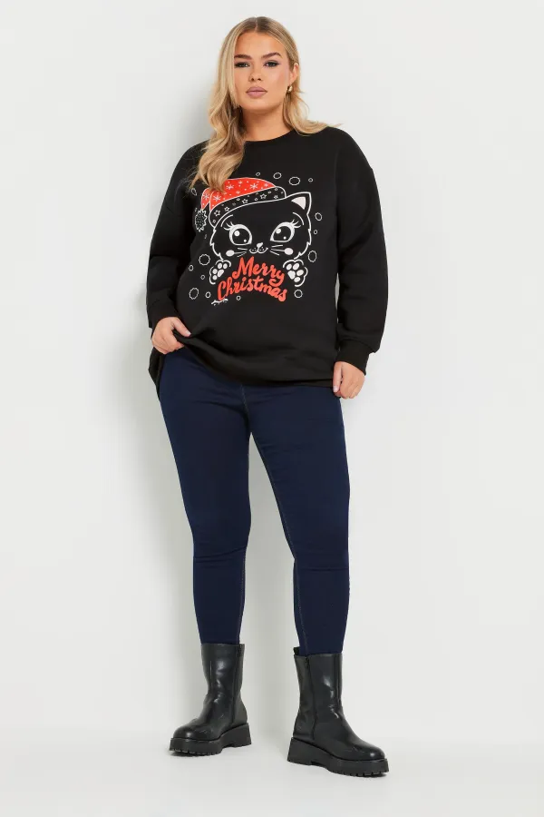 YOURS Curve Black 'Merry Christmas' Cat Graphic Sweatshirt