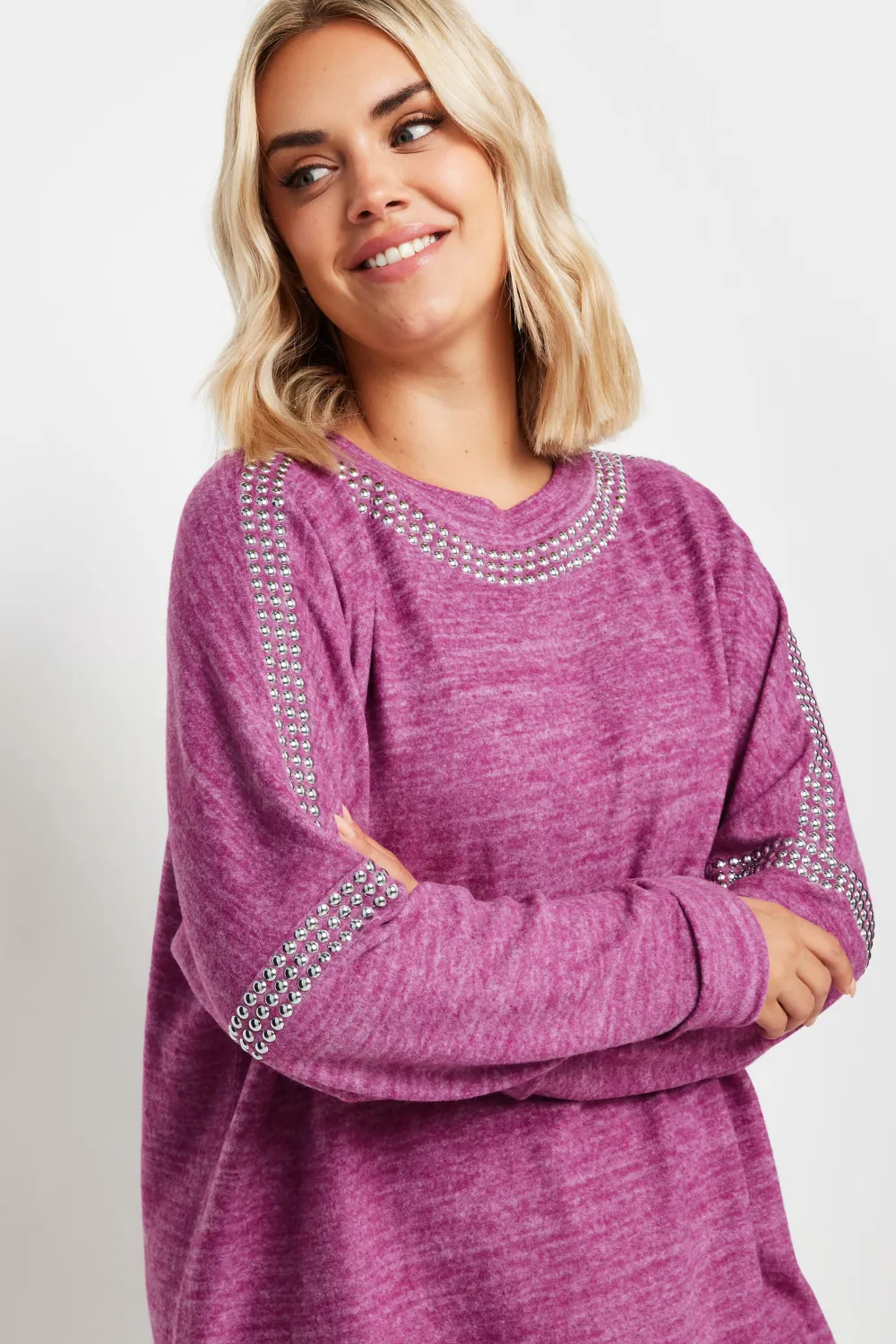 YOURS Curve Purple Marl Stud Neckline Embellished Jumper