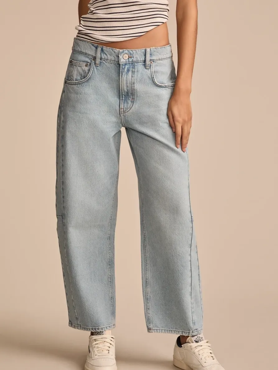 Distressed Light Wash Denim Barrel leg