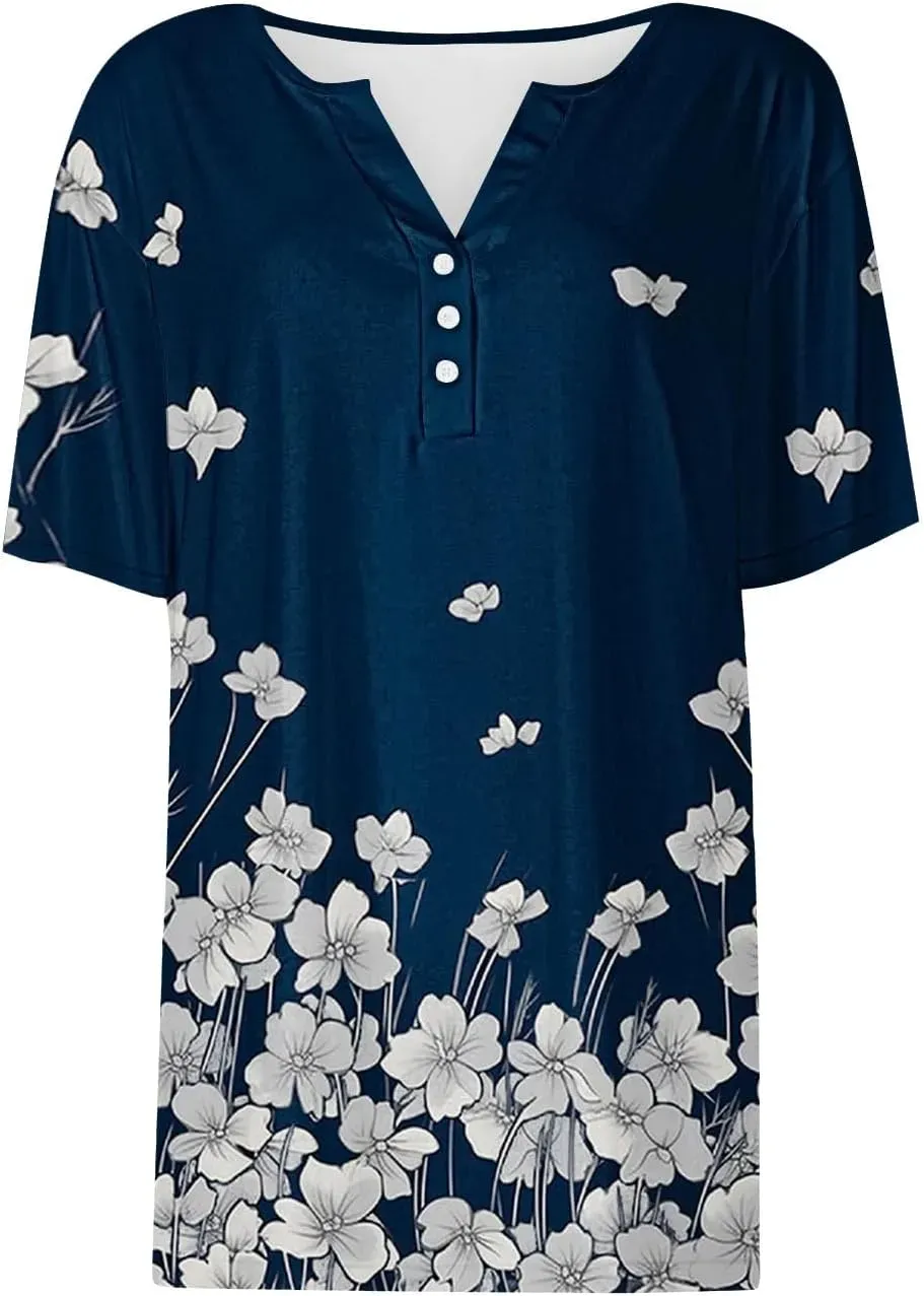 Shirts for Women Casual Printed Summer Tops Short-Sleeved Button V-Neck Tops Blouse Fashion Boho T-Shirts