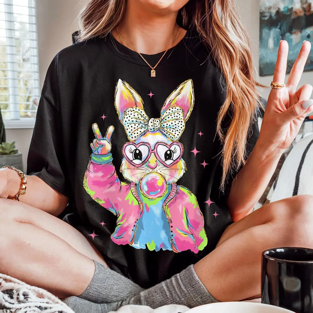 Easter Pink Bunny Blowing Bubbles Printed Round Neck Short Sleeve T-Shirt