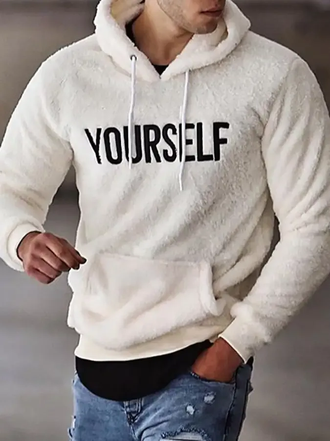 Men's Casual Pocket Letter Embroidered Fleece Pullover Hoodie