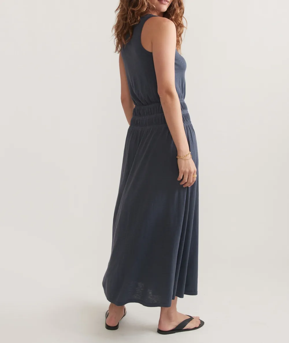 Navy Slub Fabric Midi Dress