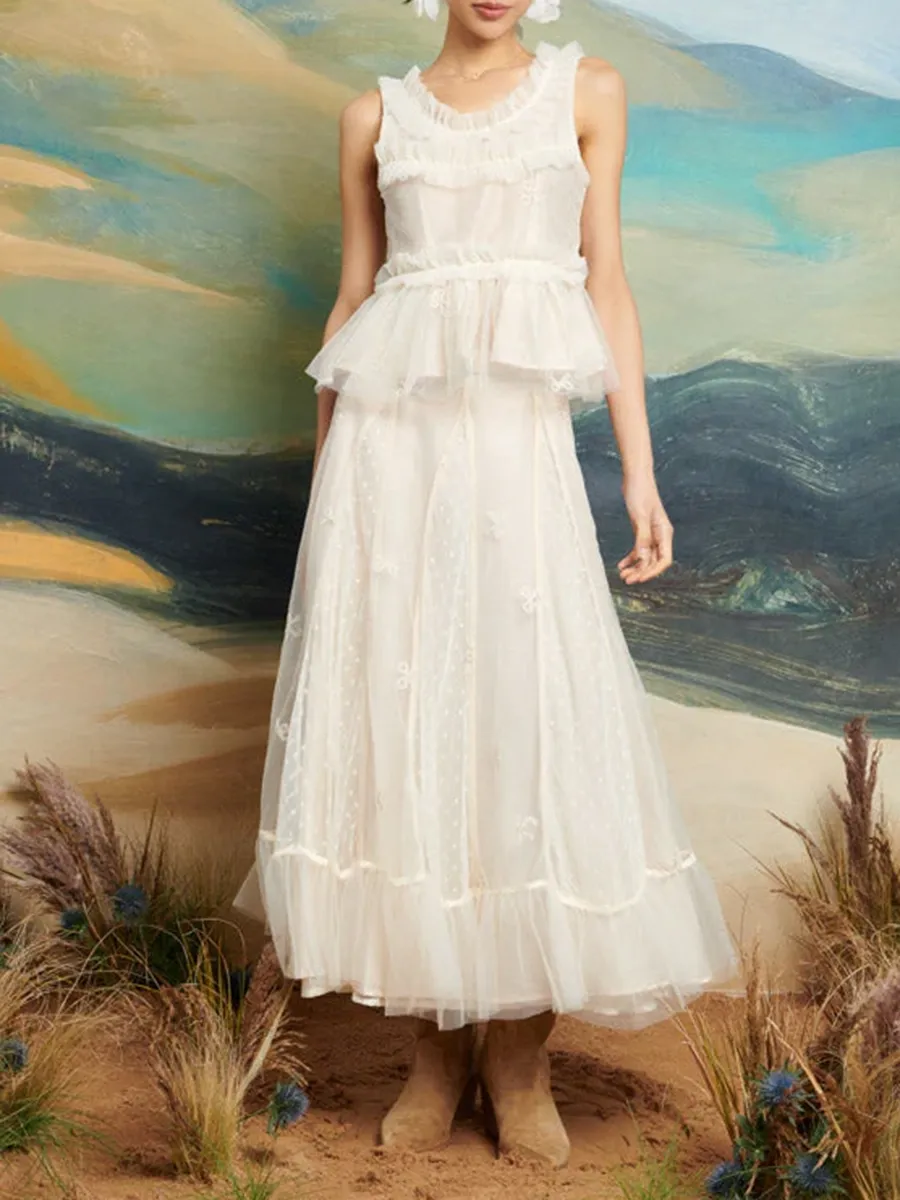 Casual Tulle Ruffle Midi Skirt