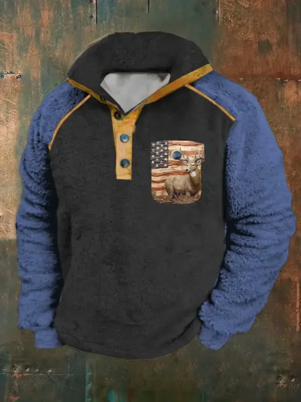 Men's Retro Casual Contrast Print Button Sweatshirt