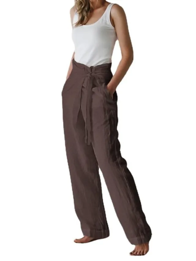 Women's Wide Leg Linen Pants Slacks Full Length Faux Linen Baggy High Waist Yoga Chino Black Dark Blue S M