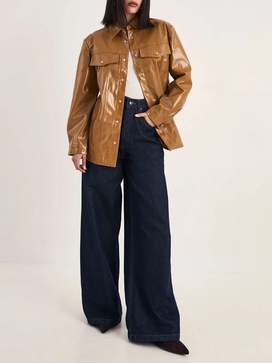 Women'S Oversized Shiny Leather Collared Jacket