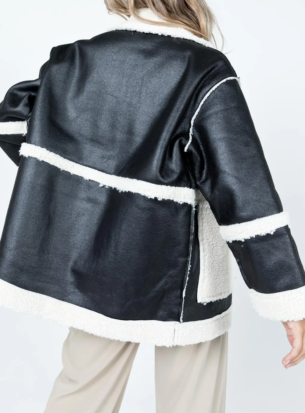 Contrast Panel Faux Leather Shearling Jacket