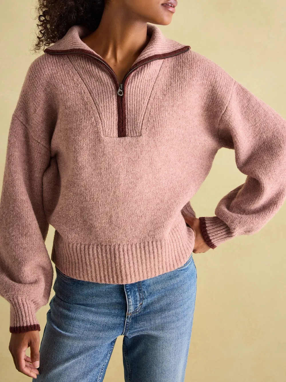 Pink Knitted Quarter Zip Jumper