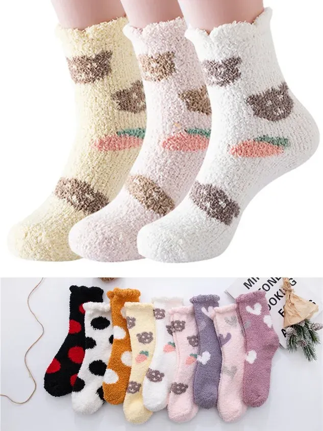 Polka-dot Bear Heart-shaped Graphics Warm Plus Velvet Coral Fleece Floor Socks