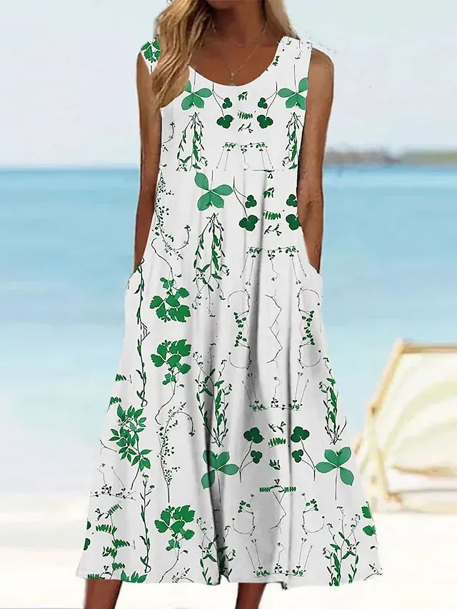 Women's Casual Dress Tank Dress Summer Dress Floral Print Crew Neck Midi Dress Active Fashion Daily Holiday Sleeveless Loose Fit Aqua Blue Cream Wine Summer Spring S M L XL XXL