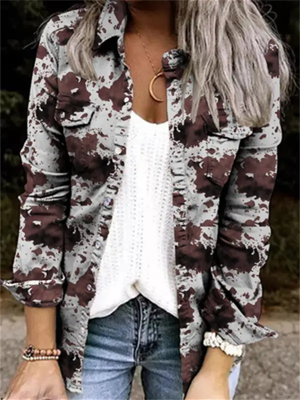 Camouflage Print Pockets Denim Jacket