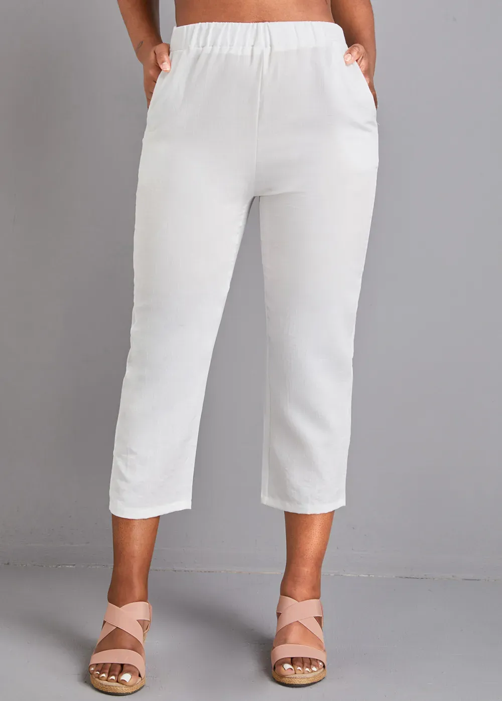 White Pocket Elastic Waist High Waisted Pants