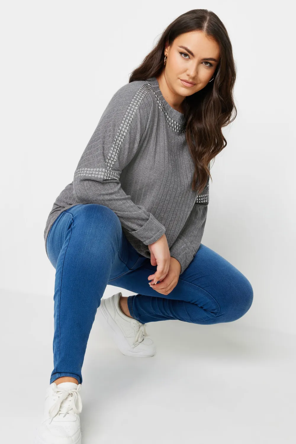 YOURS Curve Grey Stud Neckline Embellished Jumper