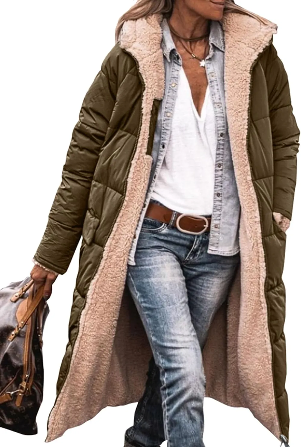 Women's 2023 Warm Winter Coats Reversible Sherpa Fleece Long Hooded Puffer Jackets Outerwear