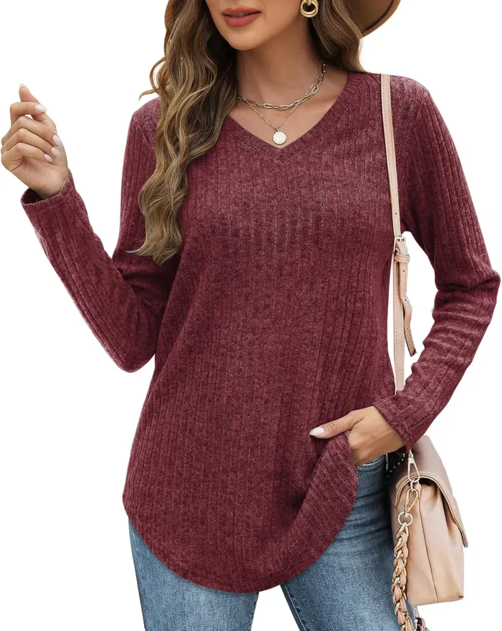 OFEEFAN Long Sleeve Shirts for Women Lightweight Crew Neck Casual Tunic Tops