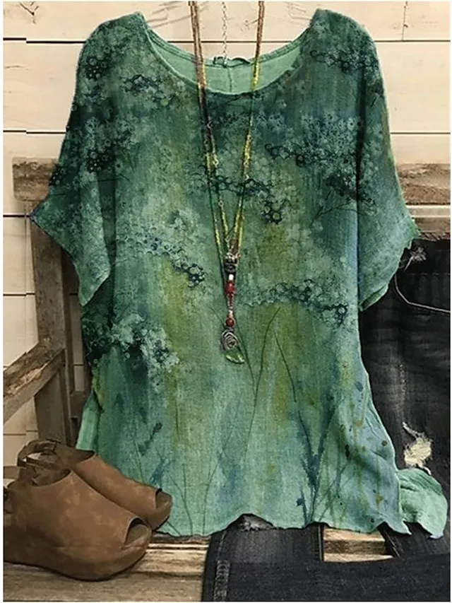 Women's Plus Size Shirt Blouse Yellow Pink Blue Graphic Floral Print Short Sleeve Daily Vacation Weekend Vintage Basic Holiday Crew Neck Regular Fit Dolman Sleeve Summer Spring