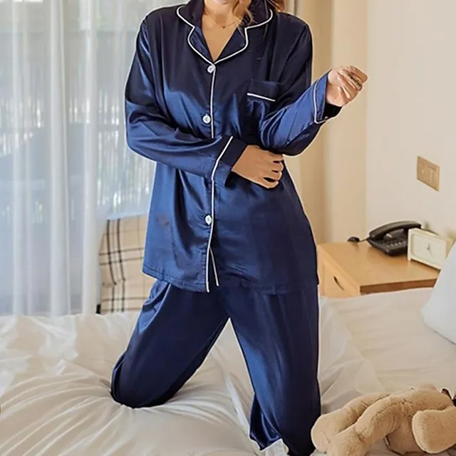 Women's Gift Pajamas Sets Home Christmas Party Daily Basic Pure Color Satin Simple Casual Soft Shirt Pant Fall Spring Summer Shirt Collar Long Sleeve Long Pant Buckle Pocket