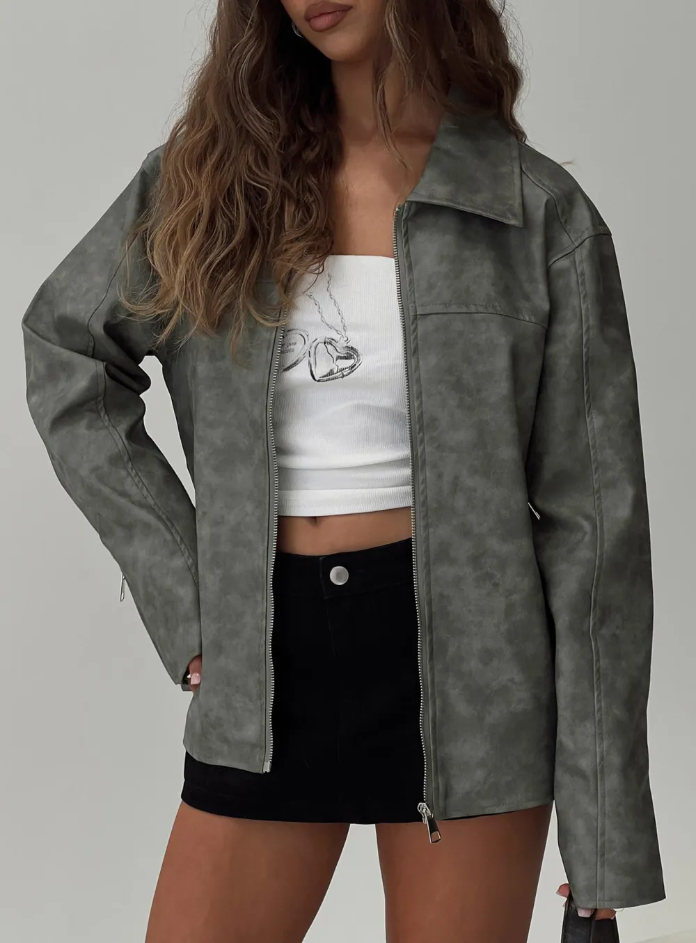 Grey Faux Leather Collared Jacket
