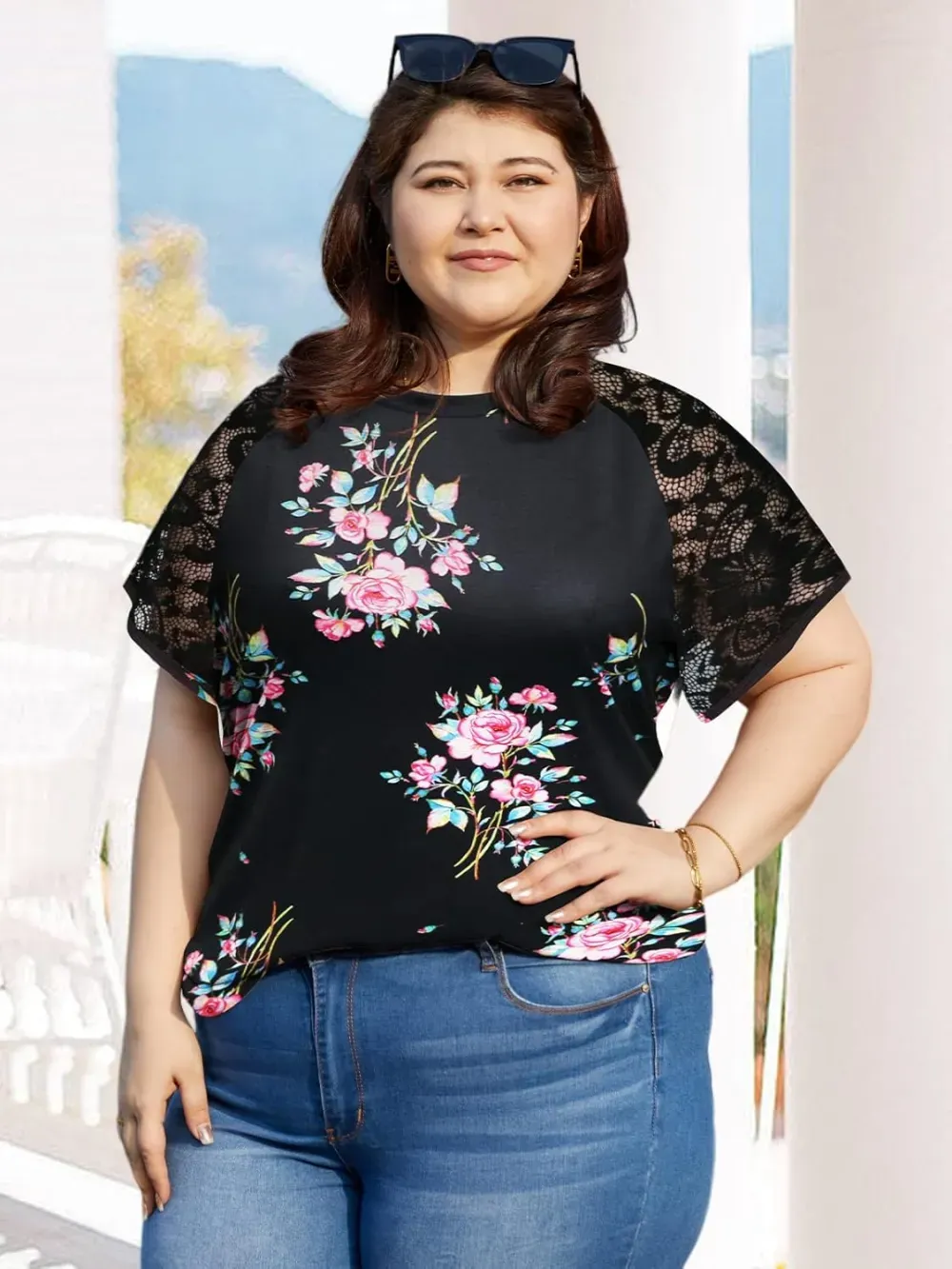 HDLTE Womens Plus Size Tops Floral Bell Sleeves Blouses Summer Crewneck Tunic Loose Casual T Shirts