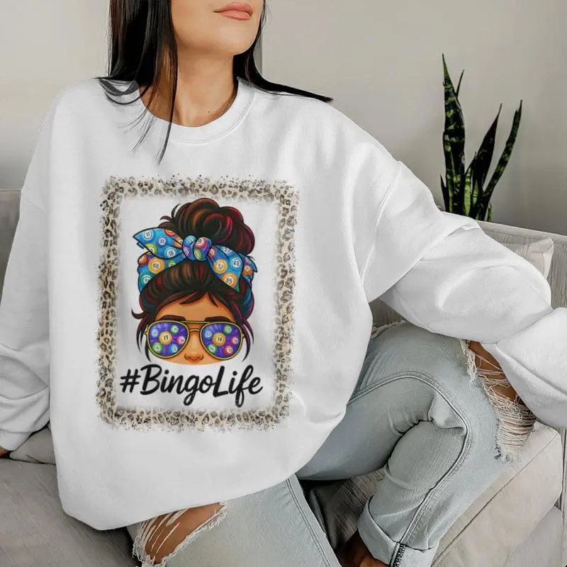 Bingo Life Messy Bun Bingo Lover Grandma Leopard Print Women Sweatshirt