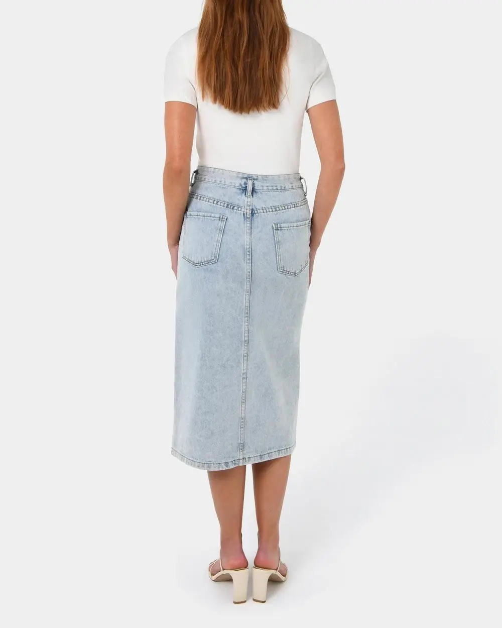 High Rise Midi Denim Skirt
