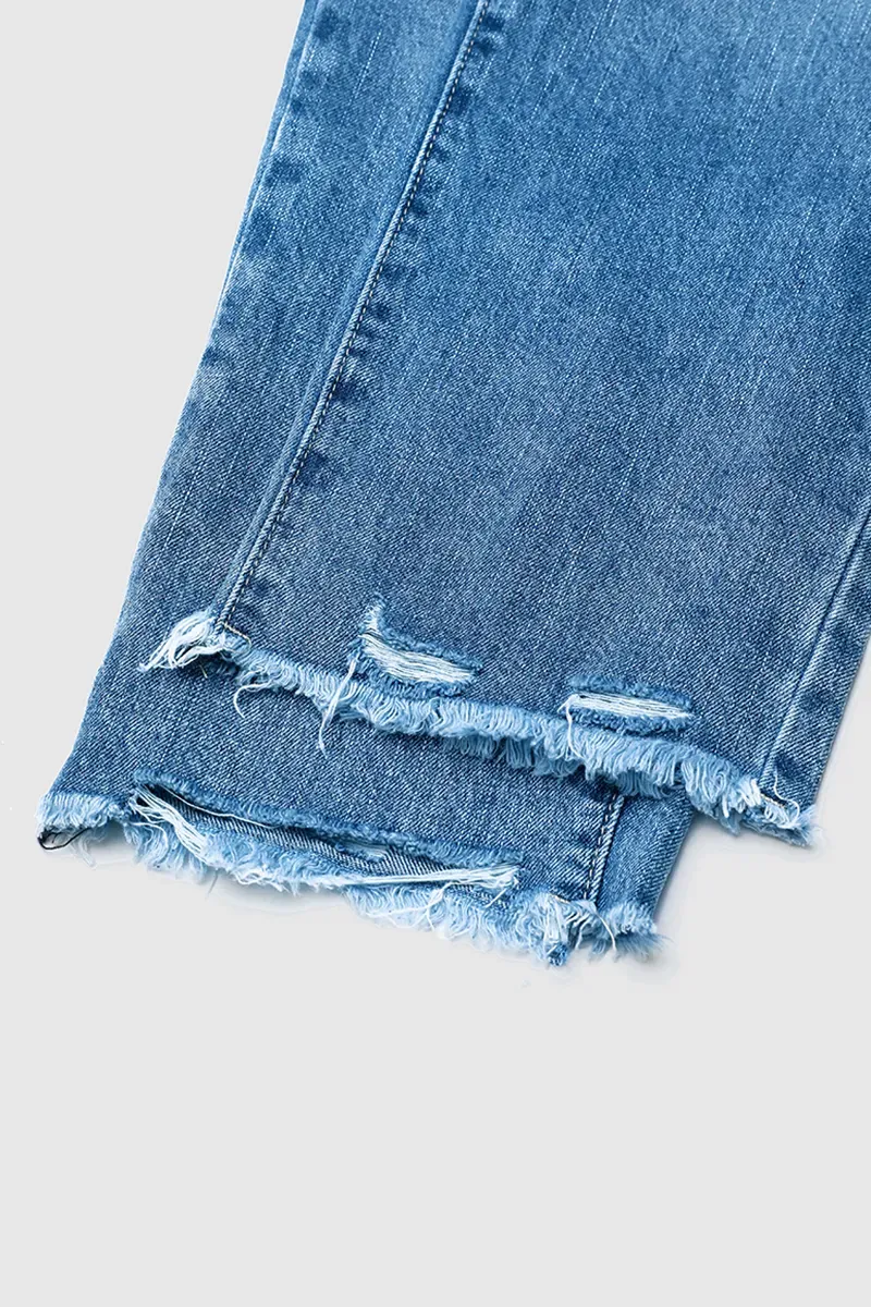 Ripped Raw Hem Zip Fly Mid Rise Straight Leg Jeans