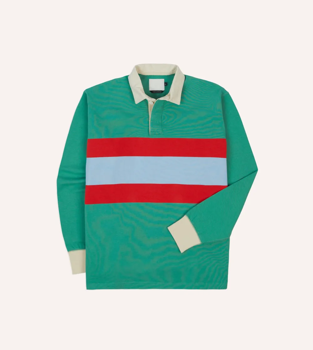 Green, Blue And Red Centre Stripe Cotton Rugby Shirt Plain