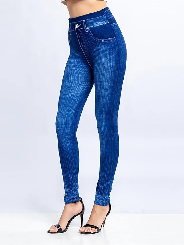 Women's Jeans Skinny Bell Bottom Ankle-Length Faux Denim Print High Elasticity High Waist Tights Casual / Sporty Casual Weekend Black Red S M