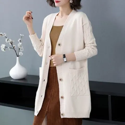 Plain Long Sleeve Casual Buckle Pockets Cardigan