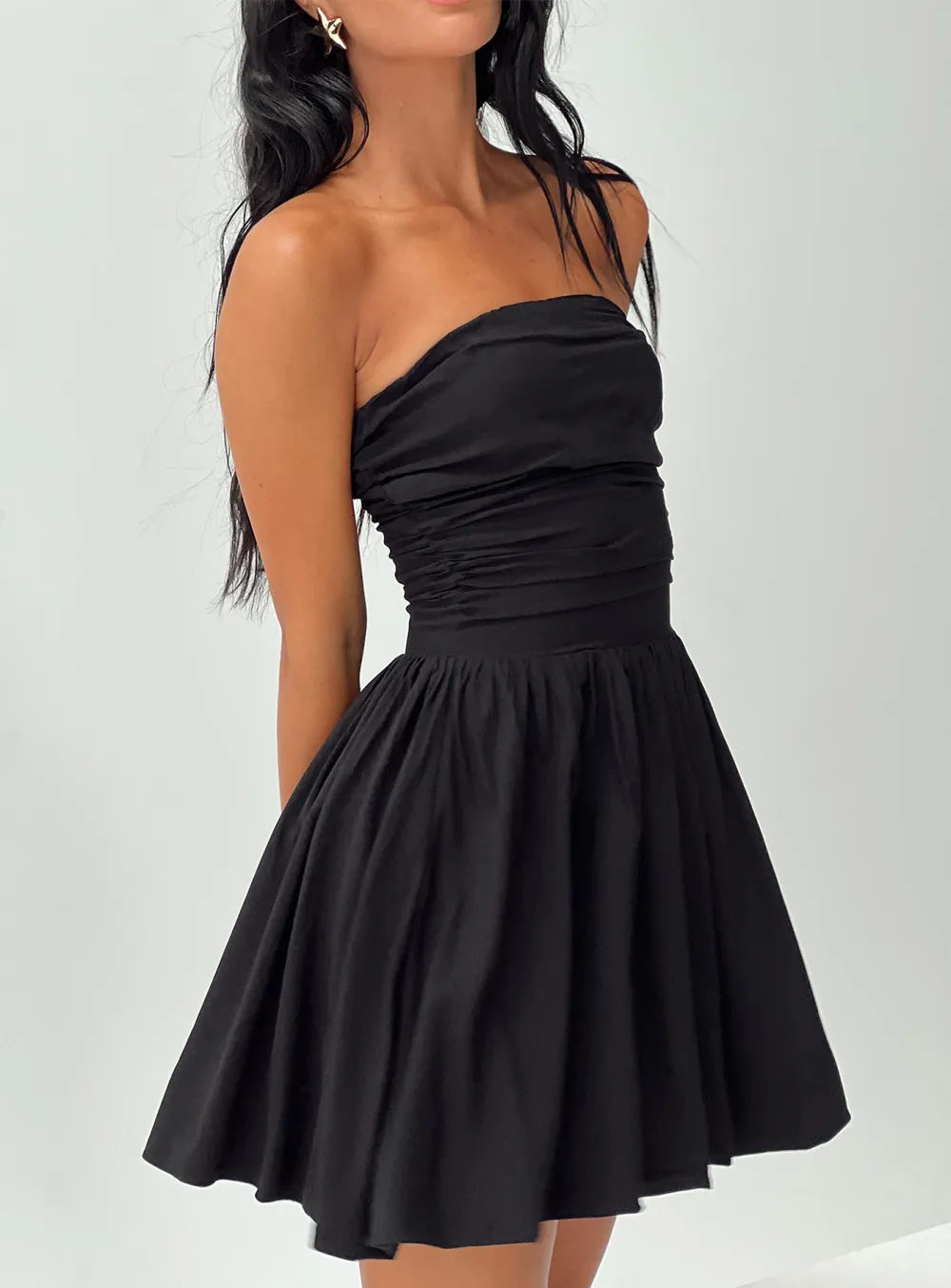Black Strapless Pleated Mini Dress