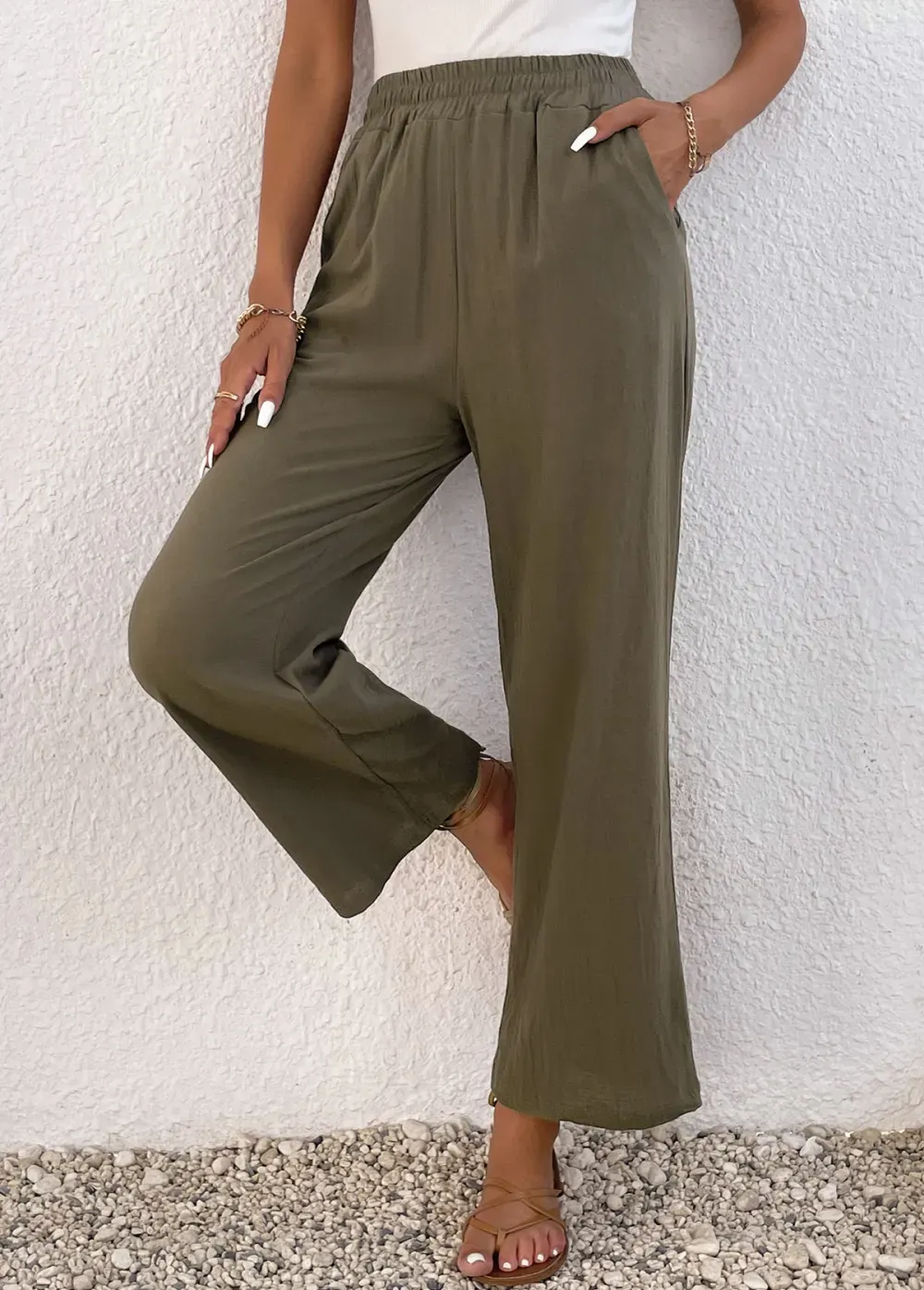Olive Green Pocket Elastic Waist High Waisted Pants