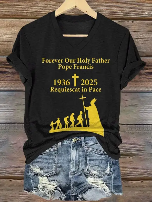 Women's Forever Our Holy Father Requiescat In Pace Print Short Sleeve V-Neck Cotton T-Shirt
