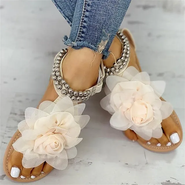 Women's Sandals Boho Bohemia Beach Flat Sandals Daily Summer Flower Flat Heel Open Toe Sweet PU Leather Buckle Solid Colored Pink Blue Beige