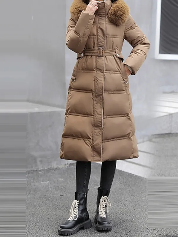 Women's Winter Coat Long Puffer Jacket Warm Parka with Removable Faux Fur Collar Windproof Jacket with Belt Zipper Heated Hoodie Jacket Outerwear Long Sleeve