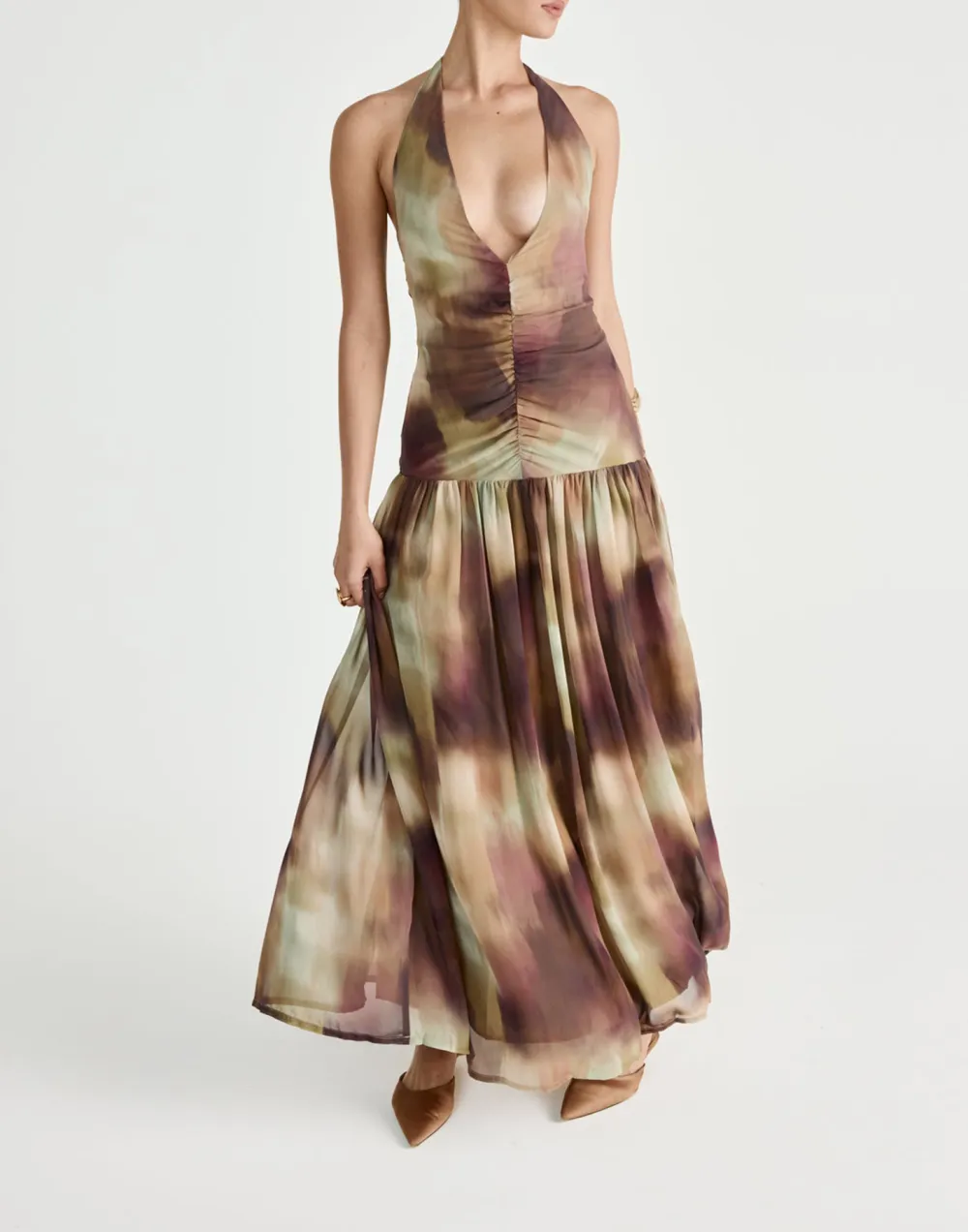 Flowy Pleated Open-Back Deep-V Dress