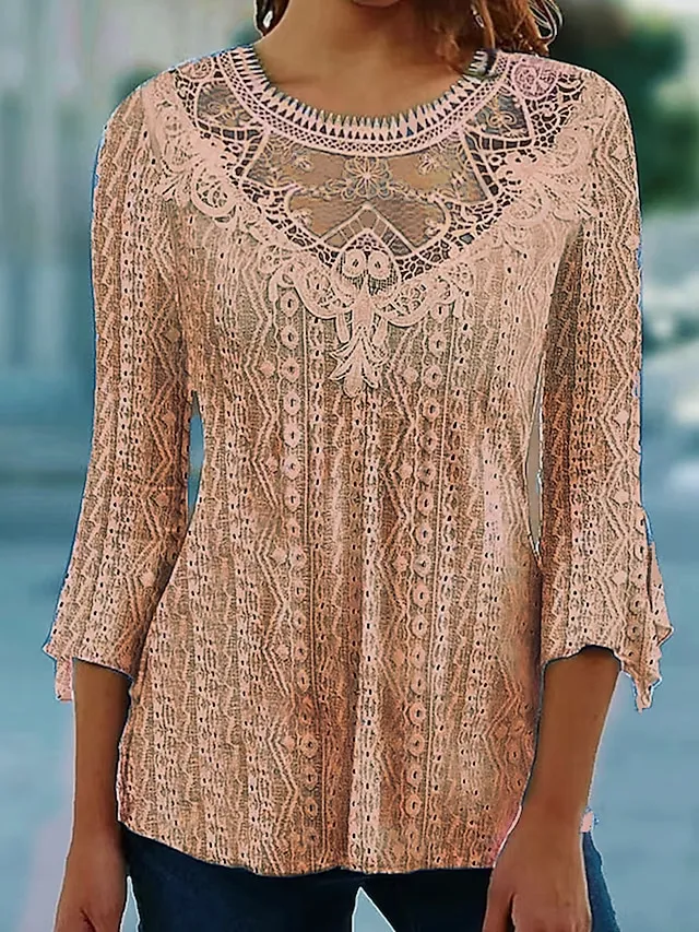 Women's Shirt Blouse Black White Pink Plain Lace 3/4 Length Sleeve Casual Vintage Fashion Basic Round Neck Regular Fit