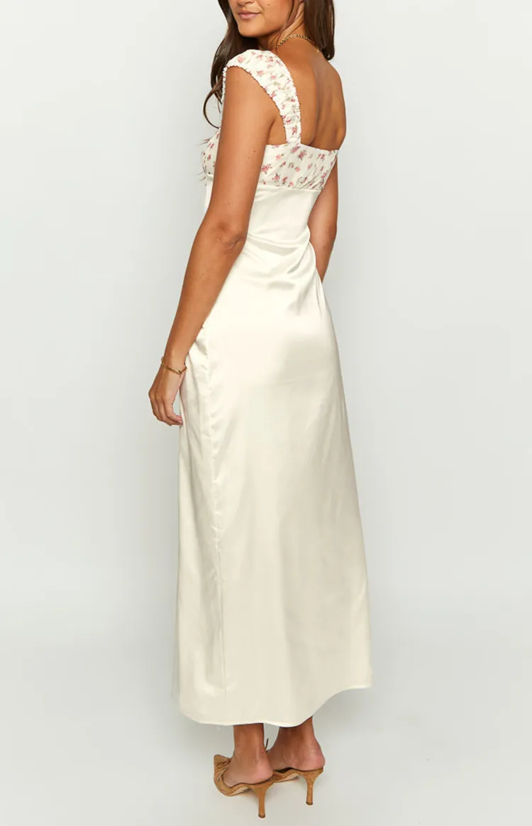 Cream Satin Square Neck Maxi Dress