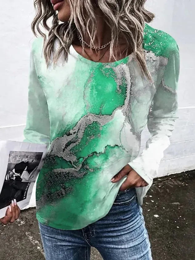 Casual Abstract Crew Neck Long Sleeve T-shirt